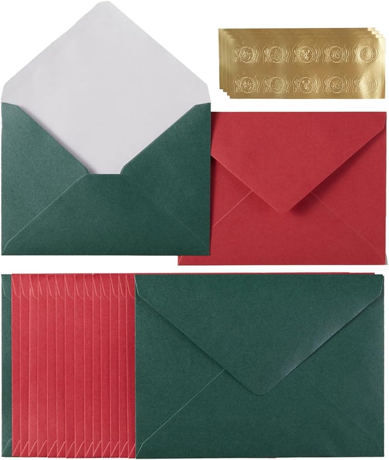 Homtable 50 Pieces A4 Shiny Envelopes 4.25x6.25 inches with Gold Stickers for Wedding Invitation Cards, Graduation, Baby Shower, Greeting Cards (Christmas Red/Green, A4, 4x6) - Image 1